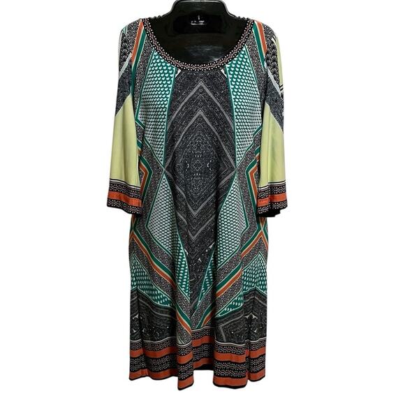 Calvin Klein Dress Large Stretch Knit Geometric Shift Black Green Orange Mod 60s - Picture 1 of 7